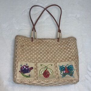 Quackery Factory Woven Straw Handbag with Beaded Sequin Butterflies